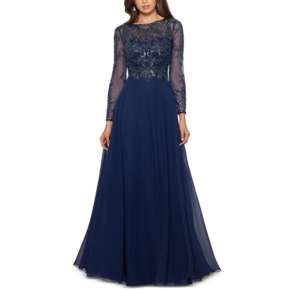 XSCAPE Mesh-Sleeve Sheer Woven Embellished Gown Navy Blue Size 16 Petite NWT